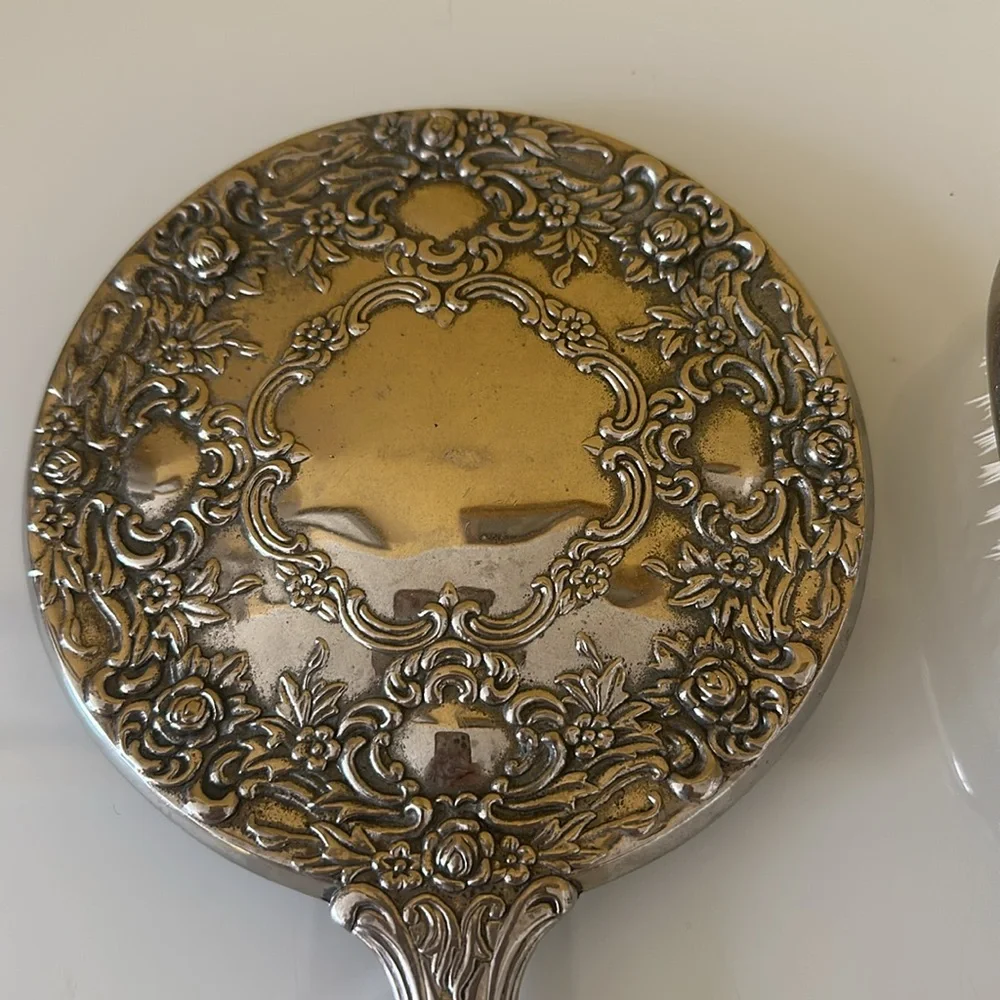 Vanity Hand Held Mirror and Brush Set Ornate Victorian Silverplate